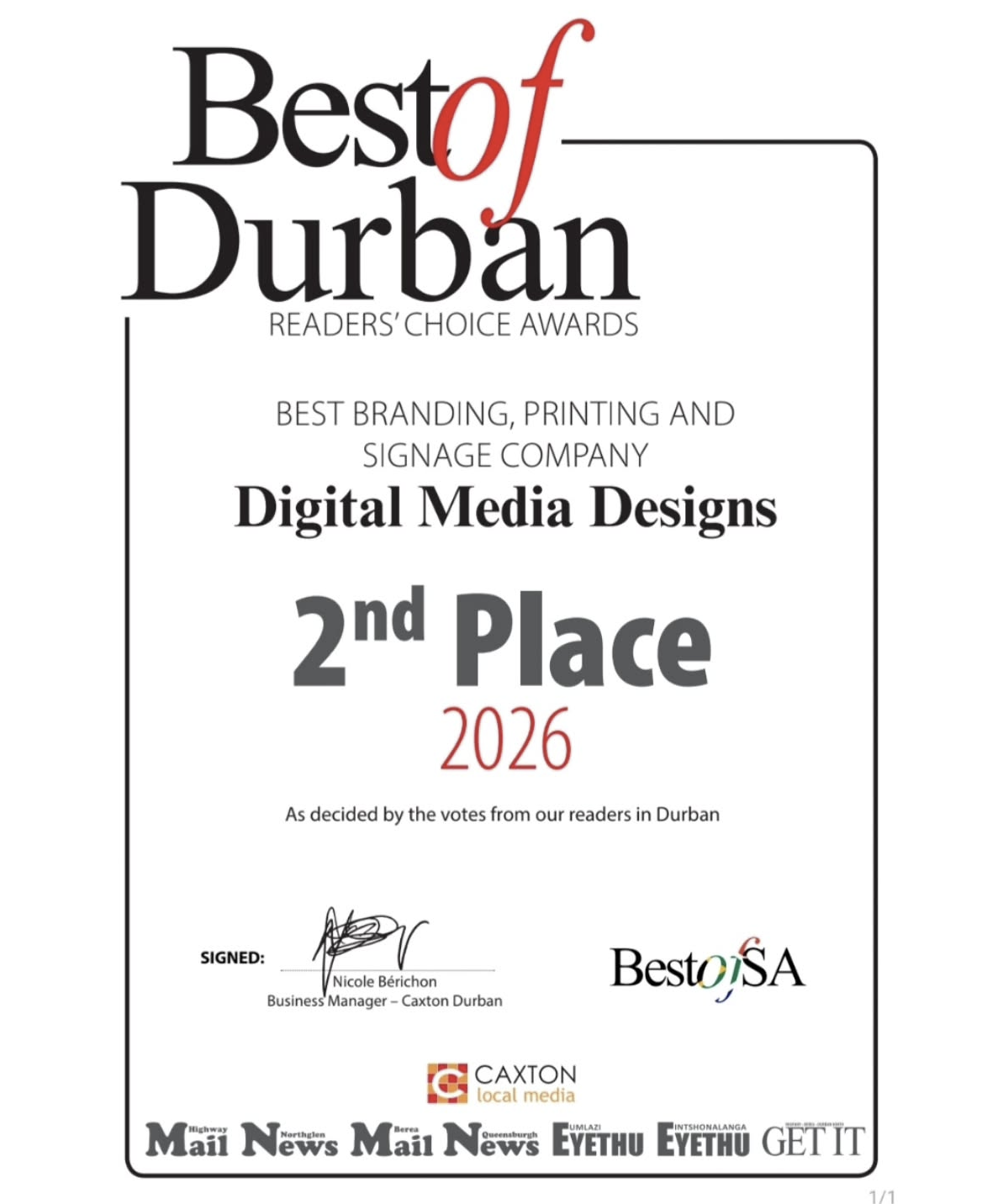 Best of Durban Readers' Choice Awards trophy